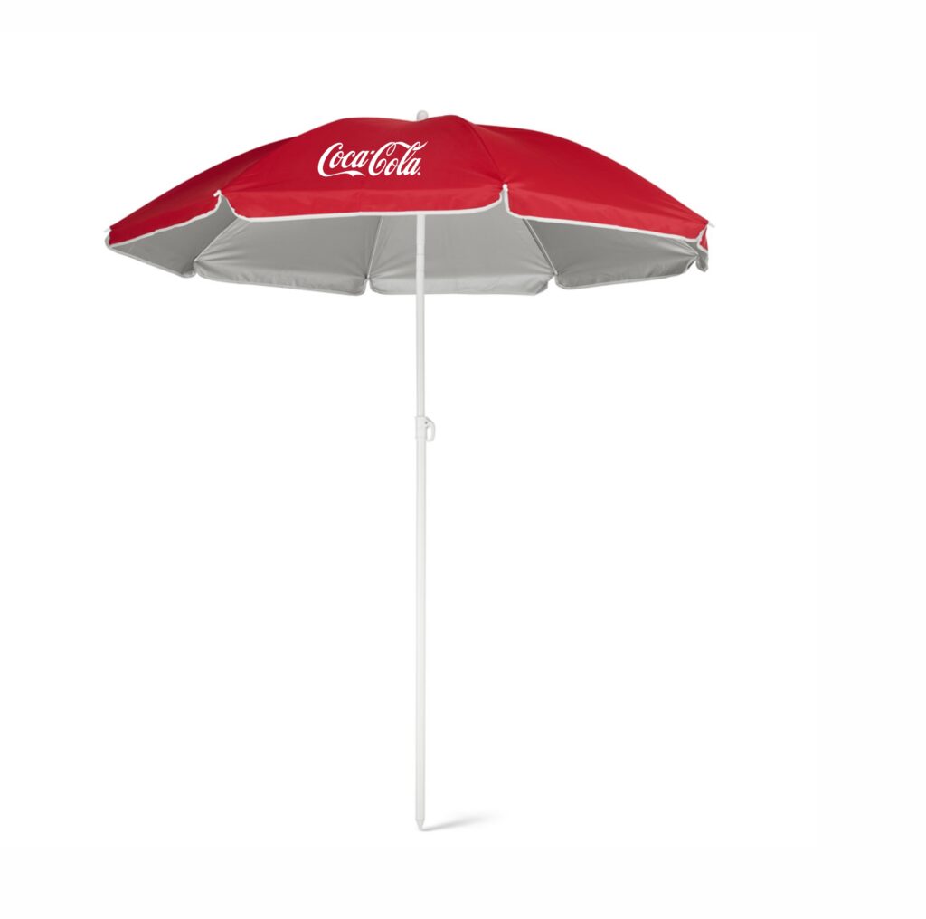 Guarda-sol personalizado promocional vermelho modelo 001 aberto, brinde para campanhas de verão