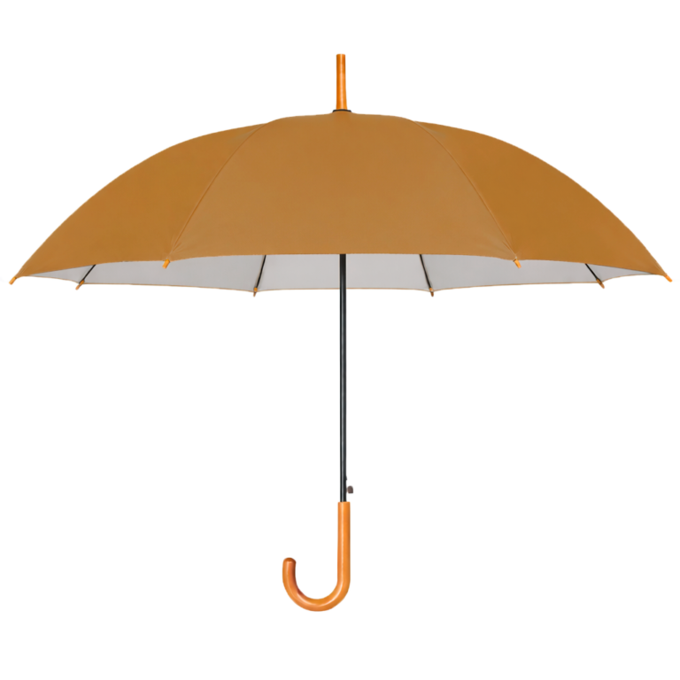 Guarda-chuva personalizado FL015 dourado aberto, com cabo curvo imitando madeira