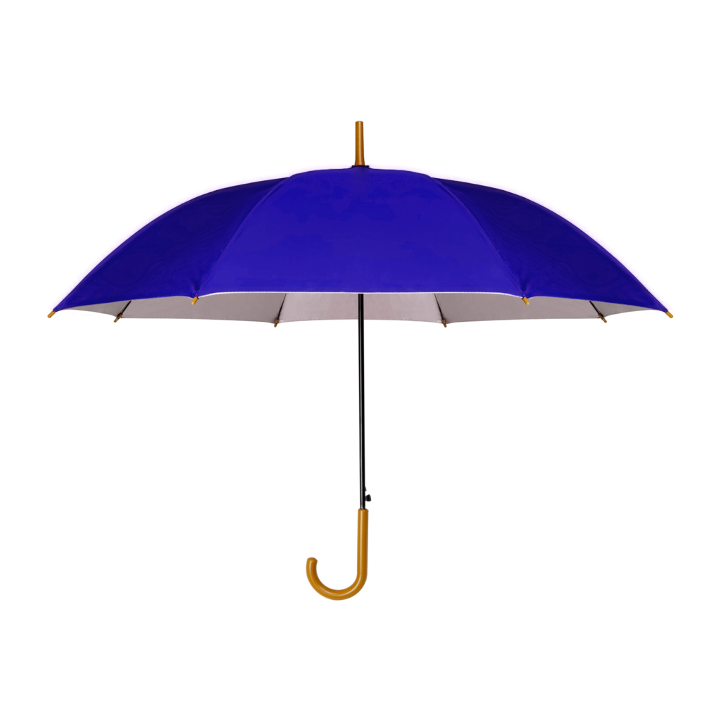 Guarda-chuva FL015 azul royal aberto, com cabo curvo imitando madeira